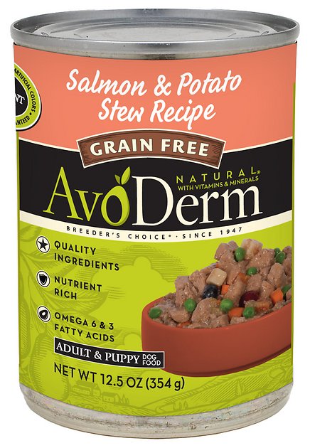 AvoDerm Natural Grain-Free Salmon & Potato Stew Recipe Adult & Puppy Canned Dog Food, 12.5-oz, case of 12