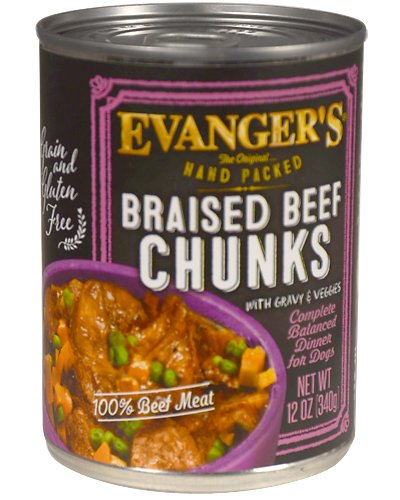 Evanger's Grain-Free Hand Packed Braised Beef Chunks with Gravy Canned Dog Food, 12-oz, case of 12