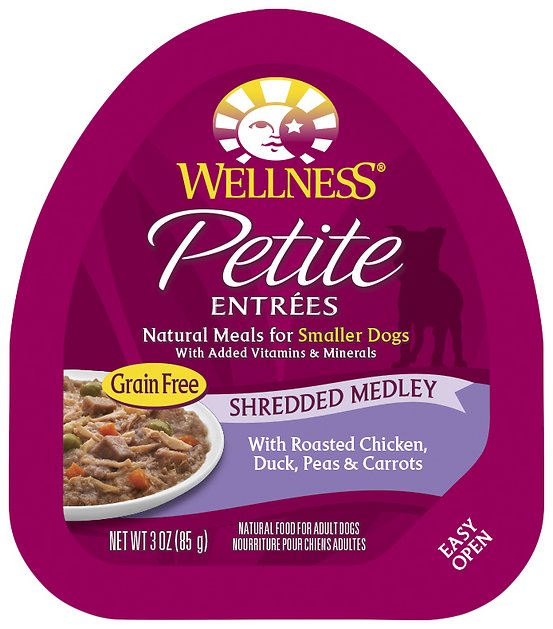 Wellness Petite Entrees Shredded Medley with Roasted Chicken, Duck, Peas & Carrots Grain-Free Wet Dog Food, 3-oz, case of 24