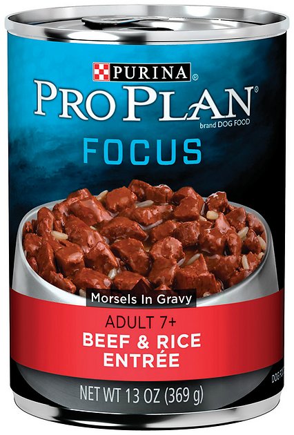 Purina Pro Plan Focus Adult 7+ Beef & Rice Entree Morsels in Gravy Canned Dog Food, 13-oz, case of 12