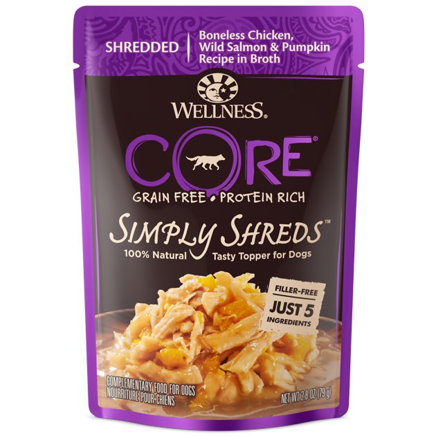 Wellness CORE Simply Shreds Grain-Free Chicken, Wild Salmon & Pumpkin Wet Dog Food Topper, 2.8-oz, case of 12