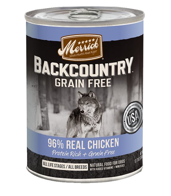 Merrick Backcountry Grain-Free 96% Real Chicken Recipe Canned Dog Food, 12.7-oz, case of 12